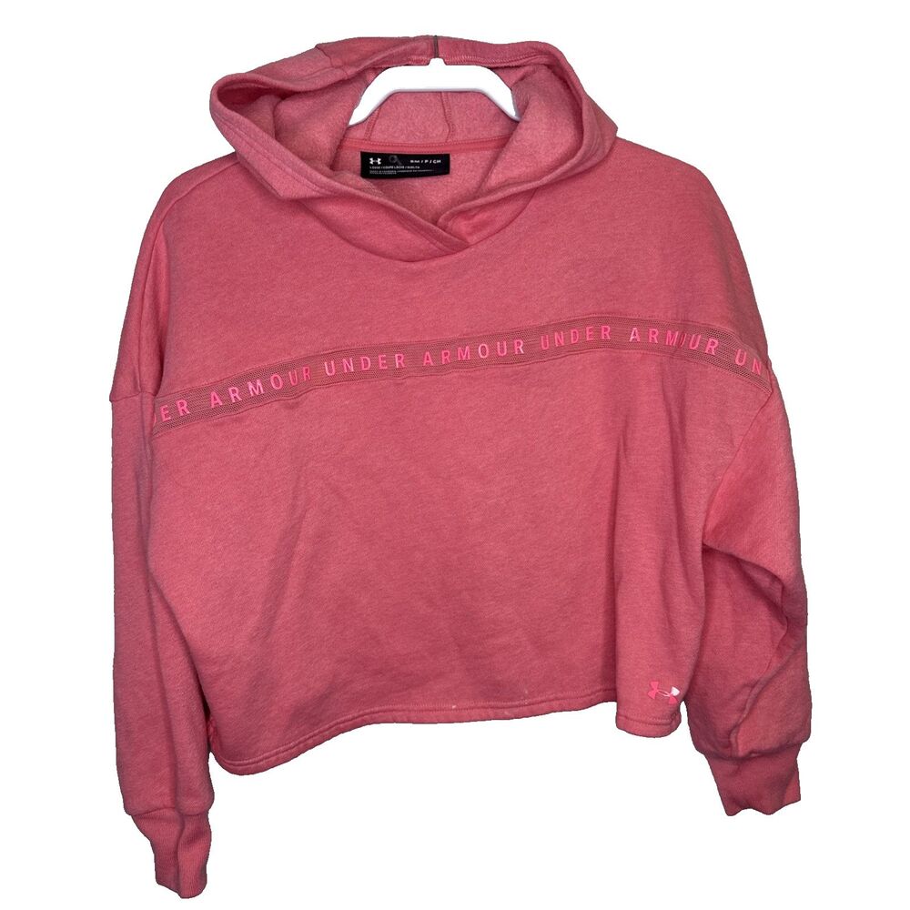 Under Armour Womens Hoodie Small S Pink Cropped Pullover Sweatshirt Logo Active